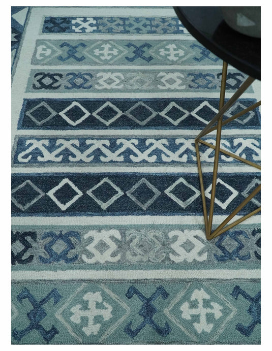 Custom Made Blue, Teal, Ivory And Charcoal Tribal Pattern Hand Tufted Wool Area Rug