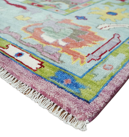 Vibrant Pink and Blue Hand knotted Coloful Oushak Multi Size wool Area Rug