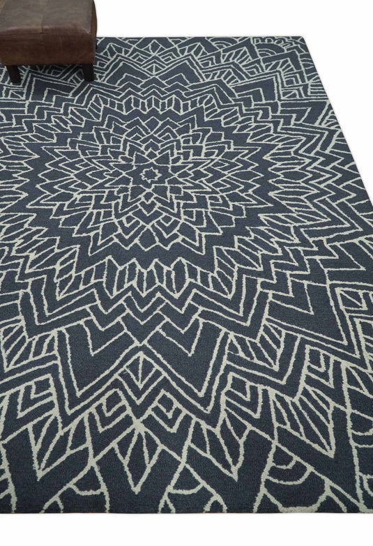 Custom Made Geometrical Radial lines Charcoal And Ivory Hand Tufted  Wool Area Rug