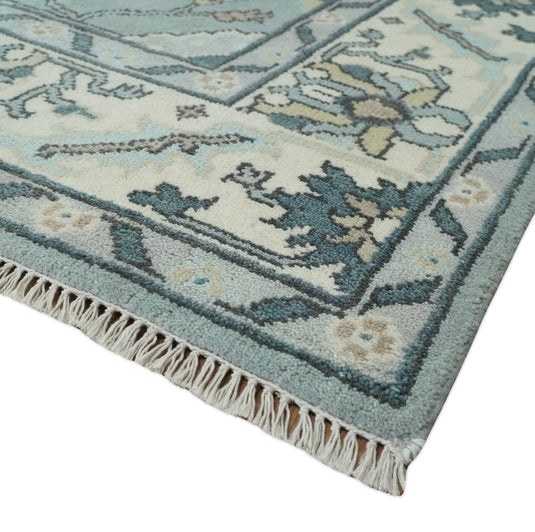 Oriental 8x10 Hand Knotted Blue And Ivory tradtional Antique Oushak Wool Area Rug