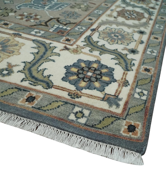Vintage look Ivory, Charcoal and Olive Hand knotted Traditional 9x12 Heriz Serapi wool Area Rug