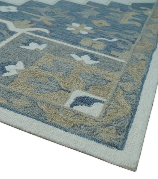 Custom Made Blue, Beige And Ivory Traditional Medallion Hand Tufted Wool Area Rug