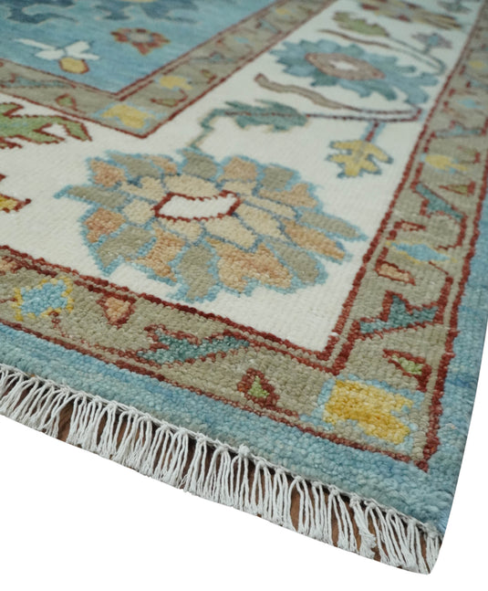 Vibrant Colorful Light Blue and Ivory Traditional Floral Hand knotted Oushak wool Area Rug