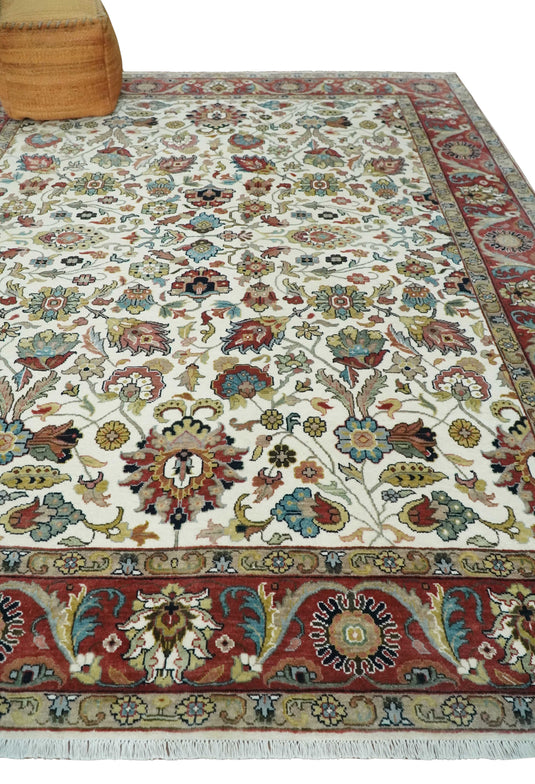 Beautiful Premium look Hand knotted Ivory and Red 8x10 wool Area Rug