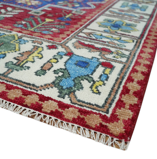 Hand knotted Maroon, Electric Blue and Ivory Multi Size Traditional Heriz Serapi wool area rug | CP1318