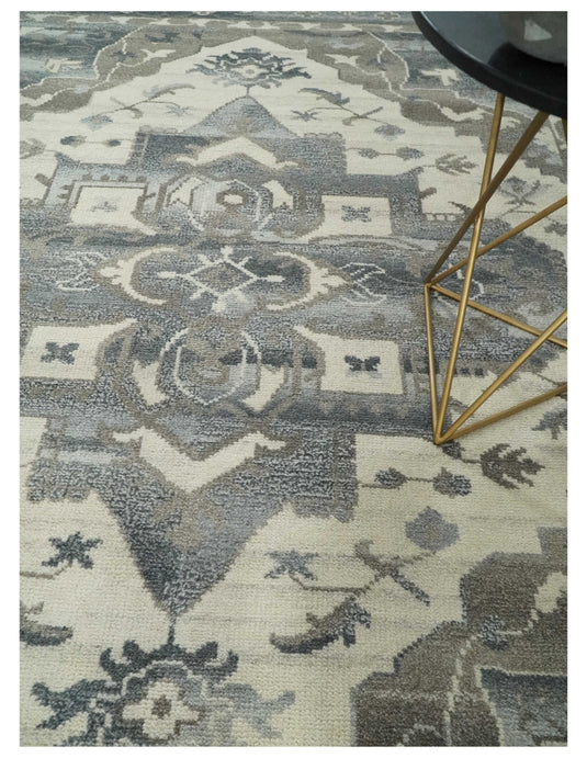 Traditional Persian Ivory, Gray, Charcoal and Greenish Gray Hand knotted 8x10 ft wool Area Rug