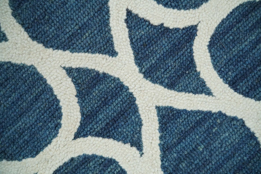 Custom Made Modern Trellis Pattern Blue And Ivory Hand Tufted Wool Area Rug