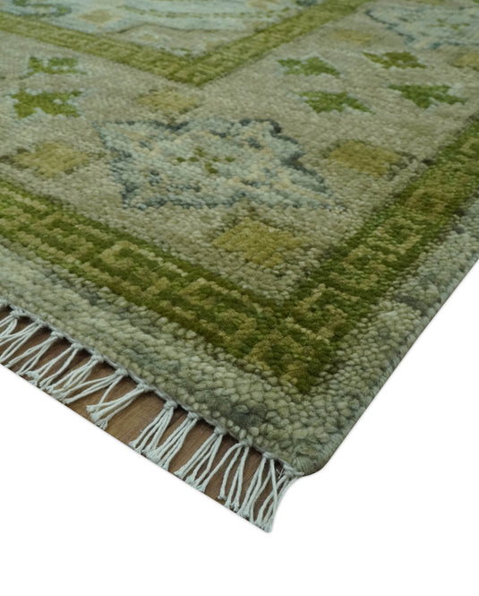 Custom Made Hand Knotted Green, Silver And Olive Traditional Floral Motifs Wool Rug Wool Area Rug