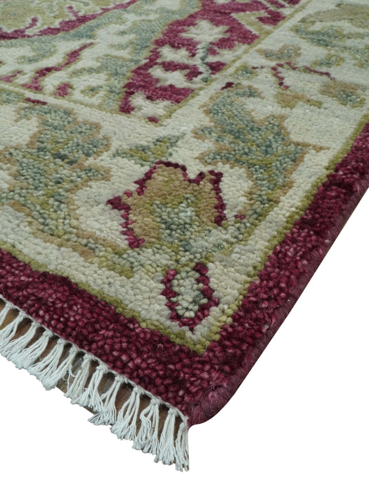 Custom Made Hand Knotted Antique Deep Maroon, Olive And Ivory Wool Area Rug