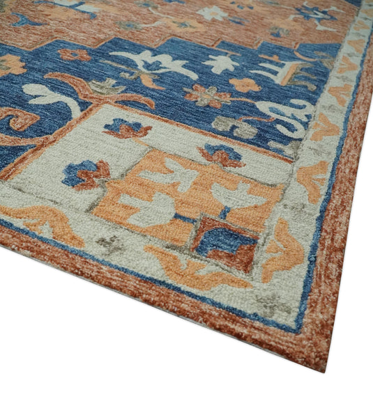 Custom Made Medallion Floral Blue, Silver, Ivory And Dark Peach Hand Tufted Wool Area Rug