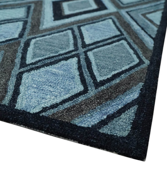 Custom Made Blue, Charcoal And Black Geometrical Harlequin Pattern Hand Tufted Wool Area Rug