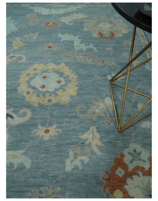 Custom Made Antique Floral Oushak Hand Knotted Gray, Beige, Blue And Rust Wool Area Rug