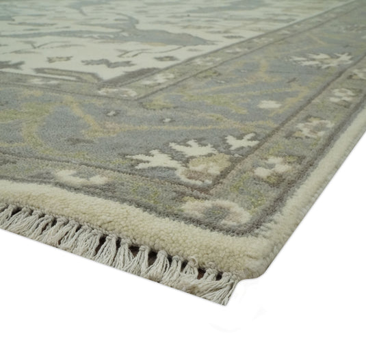 Custom Made Hand Knotted White, Gray And Olive Oriental Oushak Rug Wool Area Rug