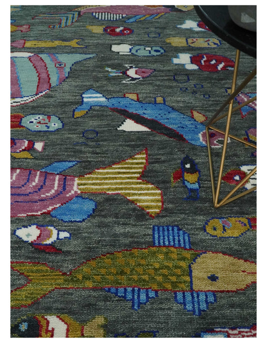 Modern Fish Life Multi Size Hand knotted Gray Wool Area Rug | CP1333