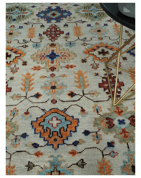 Custom Made Turkish Ivory and Green Colorful Traditional Hand Knotted Oushak Wool Area Rug