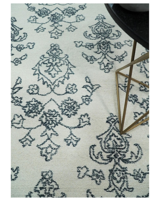 Custom Made Floral Pattern Black And White Hand Tufted Wool Area Rug