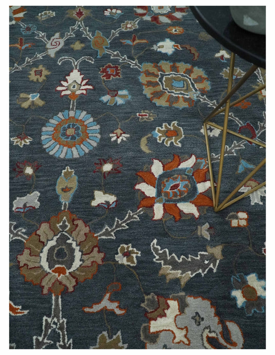 Custom Made Antique Floral Traditional Oushak Charcoal, Silver And Maroon Hand Tufted Oushak Wool Area Rug