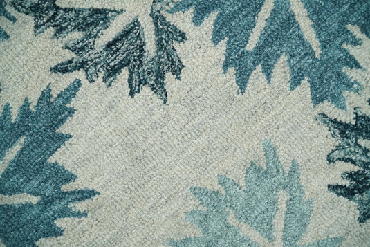 Custom Made Leaves Pattern Teal And Ivory Hand Tufted Wool Area Rug