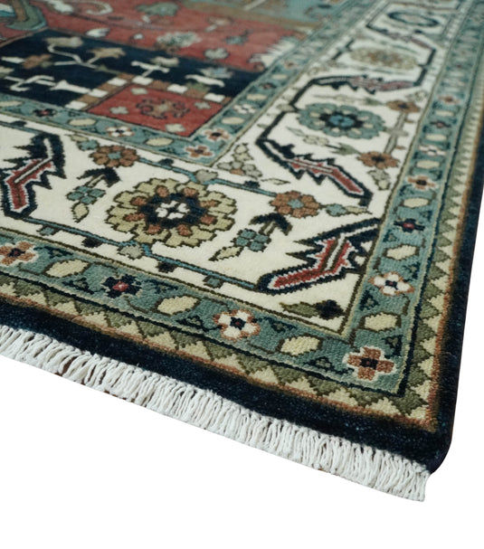 Brown, Black, Ivory and Blue Hand knotted 9x12 Traditional Heriz wool area Rug