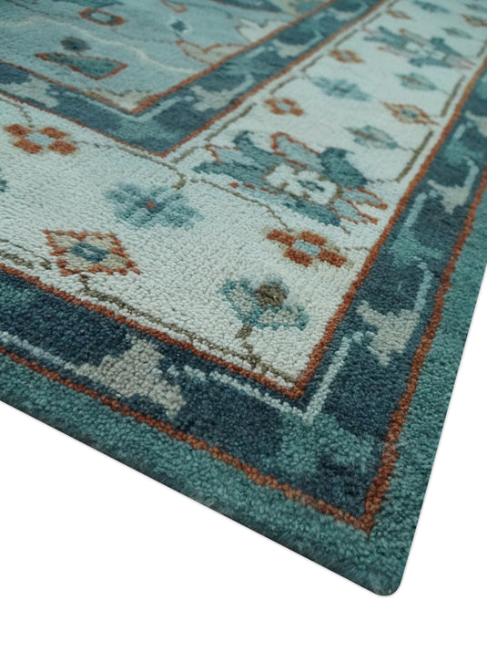 Custom Made Traditional Pattern Blue, Teal And Rust Hand Knotted Wool Area Rug