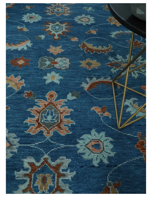 Custom Made Traditional Floral Oushak Hand Knotted Blue, Gray, Silver, Maroon And Peach Wool Area Rug