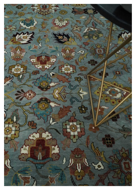 Traditional Turkish Light Blue, Ivory and Peach Floral 9x12 Hand knotted wool Area Rug