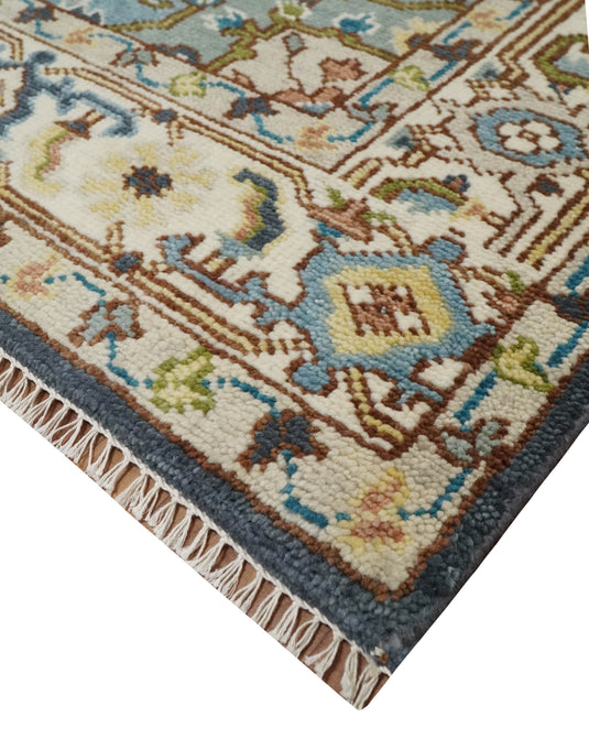 Hand Knotted Medallion Heriz Serapi Rug Ivory, grey and blue Multi Size Ideal for Living, Bedroom, and Dining Rooms | CP751