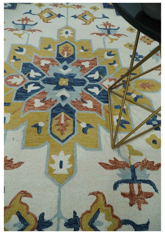 Custom Made Ivory, Blue, Rust And Olive Medallion Floral Hand Tufted Wool Area Rug