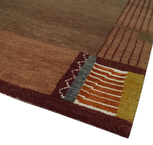 Modern Geometrical Pattern Handloom Brown and Rust 4x6 ft Bedroom, Living Room Rug , Wool, Art Silk  Area Rug AAOC946