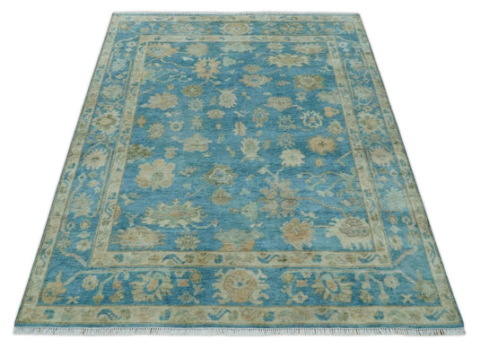 Hand Knotted Oriental Oushak Rug Blue and Beige Multi Size Ideal for Living, Bedroom, and Dining Rooms