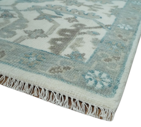 Traditional Oriental Oushak Hand knotted Ivory and Teal 8x10 ft Bedroom, Living Room Rug ,wool Area Rug