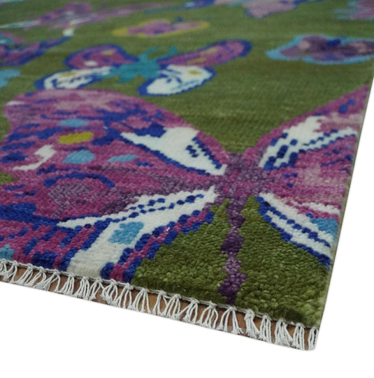 Traditional Vibrant Colorful Hand Knotted Butterfly Life Moss Green and Purple Multi Size Ideal for Living, Bedroom, and Dining Room