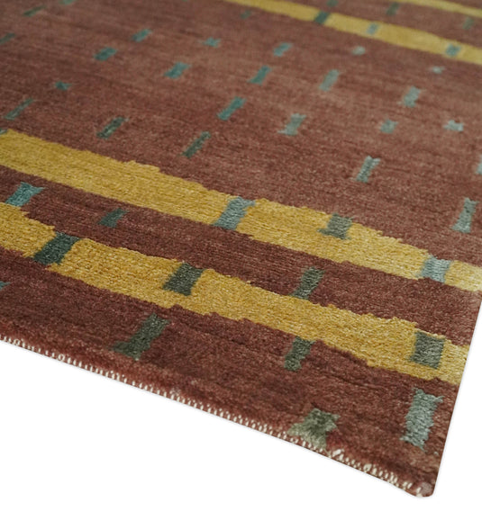 Stripe Pattern Hand knotted Brown and Gold 5x7 ft Bedroom, Living Room Rug , Wool Silk Area Rug AAOC257