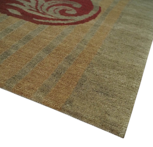 Traditional Leaf Block Print Handloom Green, Aqua and Olive 5x8 ft Bedroom, Living Room Rug , Wool  Area Rug AAOC858