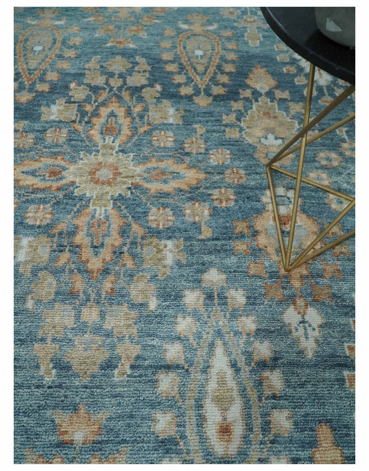 Custom Made Traditional Antique Blue And Beige Hand Knotted Oushak Wool Area Rug