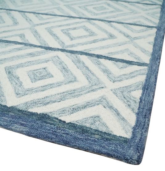 Custom Made Modern Geometrical Pattern Ivory, Gray And Blue Hand Tufted  Wool Area Rug