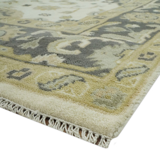 Custom Made Hand Knotted Oushak Ivory, Beige, Gray And Charcoal Wool Area Rug