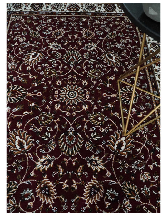 Traditional Floral Maroon, Ivory, Green And Gold Hand Woven 5x7 ft Bedroom, Living Room Rug Polyester Area Rug