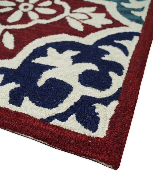 Custom Made Ivory, Maroon, Blue, Teal And Yellow Moroccan Hand Tufted Wool Area Rug