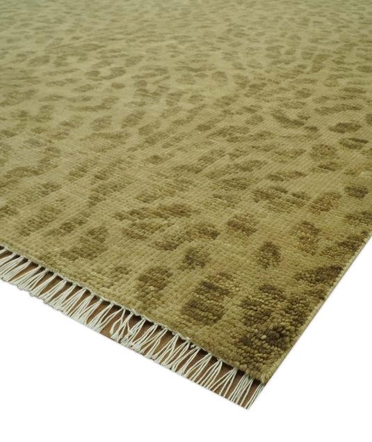 Custom Made Hand Knotted Olive Green And Khaki Leopard Print Design Wool Area Rug