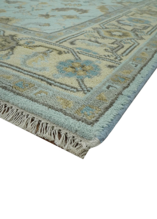 Custom Made Hand Knotted Traditional Floral Aqua, Beige, Gray And Charcoal Wool Area Rug
