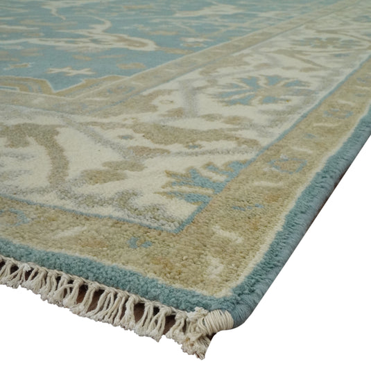 Custom Made Hand Knotted Classic Oushak Beige, Ivory And Dark Teal Wool Area Rug