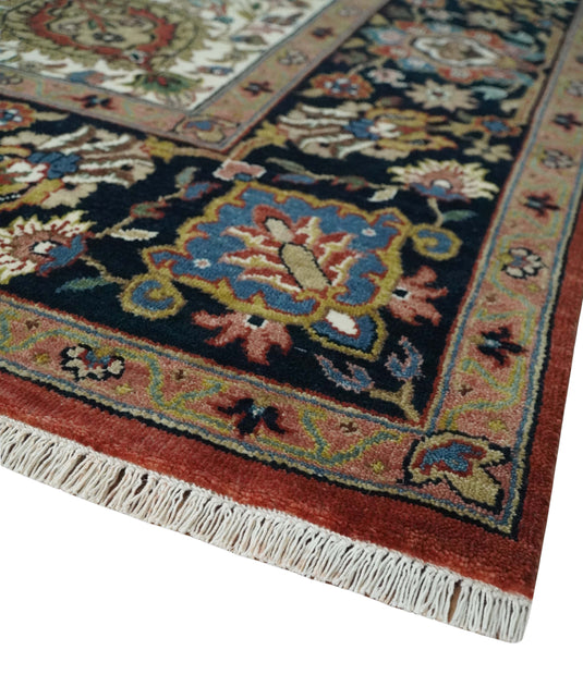 Brown, Ivory and Black Hand knotted Premium look 8x10 Traditional Heriz wool Area Rug