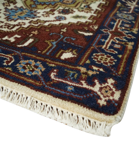 Cream, Rust and Blue Hand knotted Traditional Heriz 2.6x10 wool Area Rug