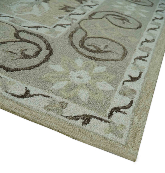 Custom Made Ivory, Beige And Charcoal Traditional Ikat Hand Tufted Wool Area Rug