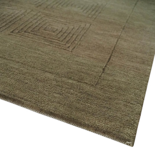 Modern Geometrical Pattern Handloom Brown and Olive 5x7 ft Bedroom, Living Room Rug , Wool, Art Silk  Area Rug AAOC657