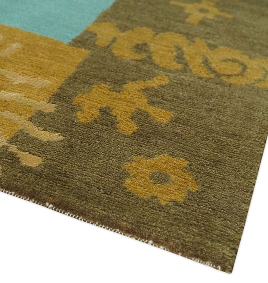 Traditional Floral Border Pattern Hand knotted Aqua Green and Brown 5x8 ft Bedroom, Living Room Rug , Wool Silk Area Rug AAOC358