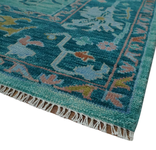 Traditional Oriental Colorful Oushak Hand knotted Green and Blue 9x12 ft Bedroom, Living Room Rug ,wool Area Rug