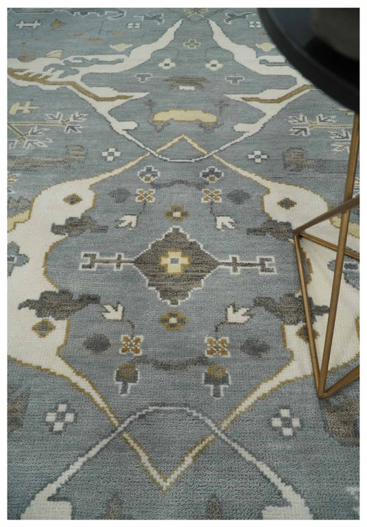 Traditional Oriental Oushak Hand knotted Silver, Ivory and Beige 9x12 ft Bedroom, Living Room Rug ,wool Area Rug