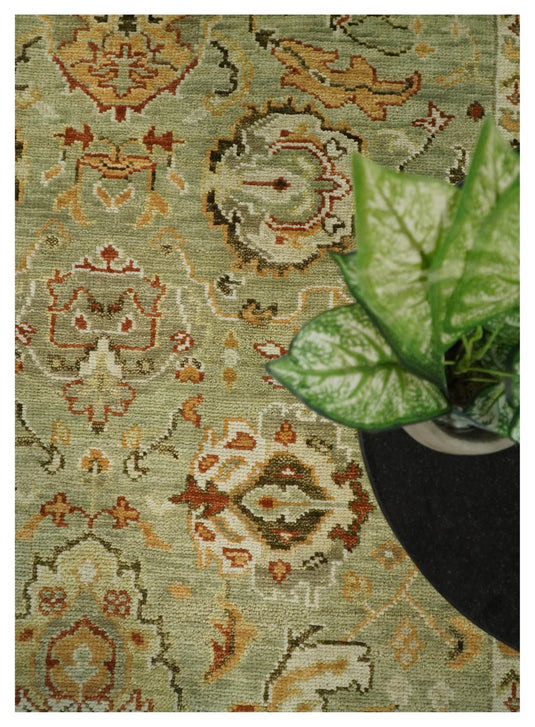 Traditional Vintage Persian Hand Knotted Oushak Rug Green and beige Multi Size Ideal for Living, Bedroom, and Dining Rooms | CP618